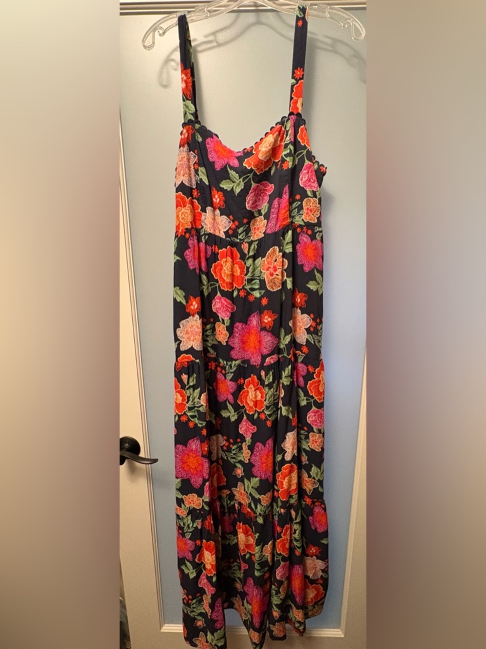 Floral Tiered Maxi Skirt in Navy with Pink & Orange Blooms